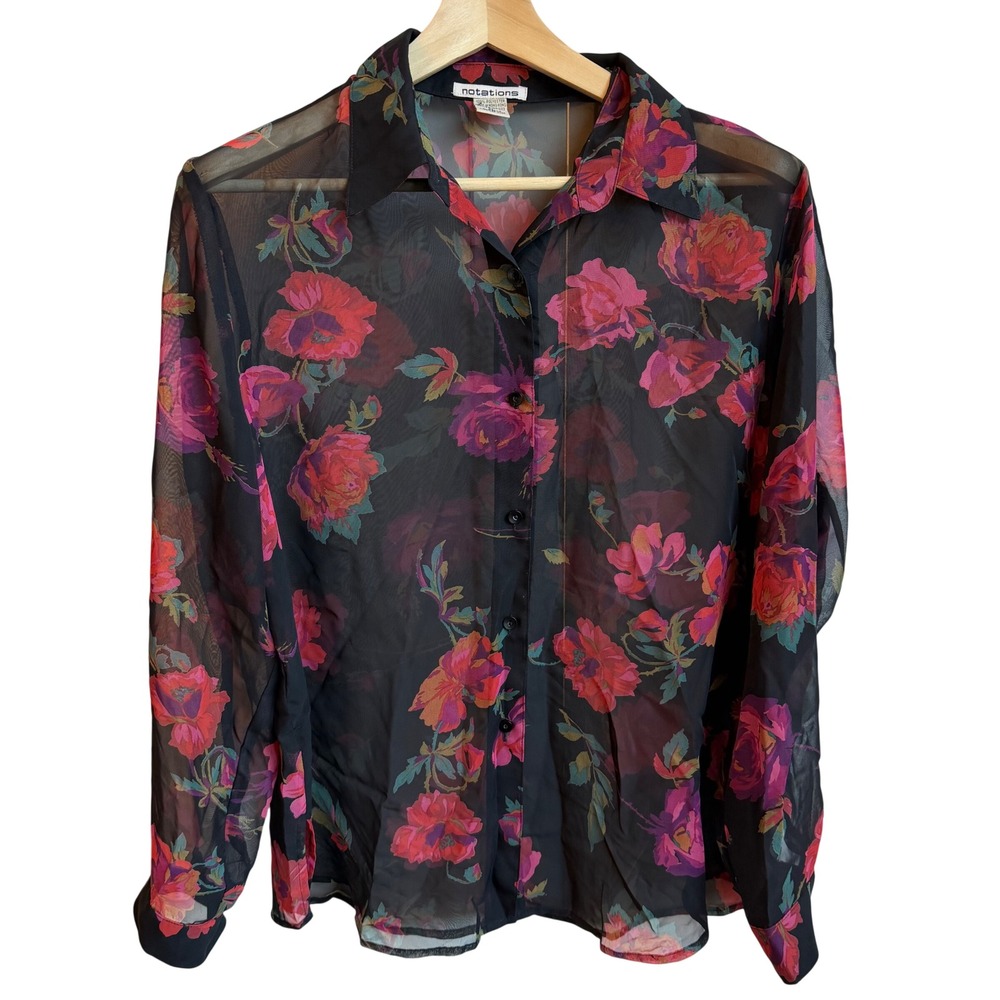 Y2K Dark Floral Sheer Top Women's XL Black Pink Long Sleeve Whimsigoth Romantic